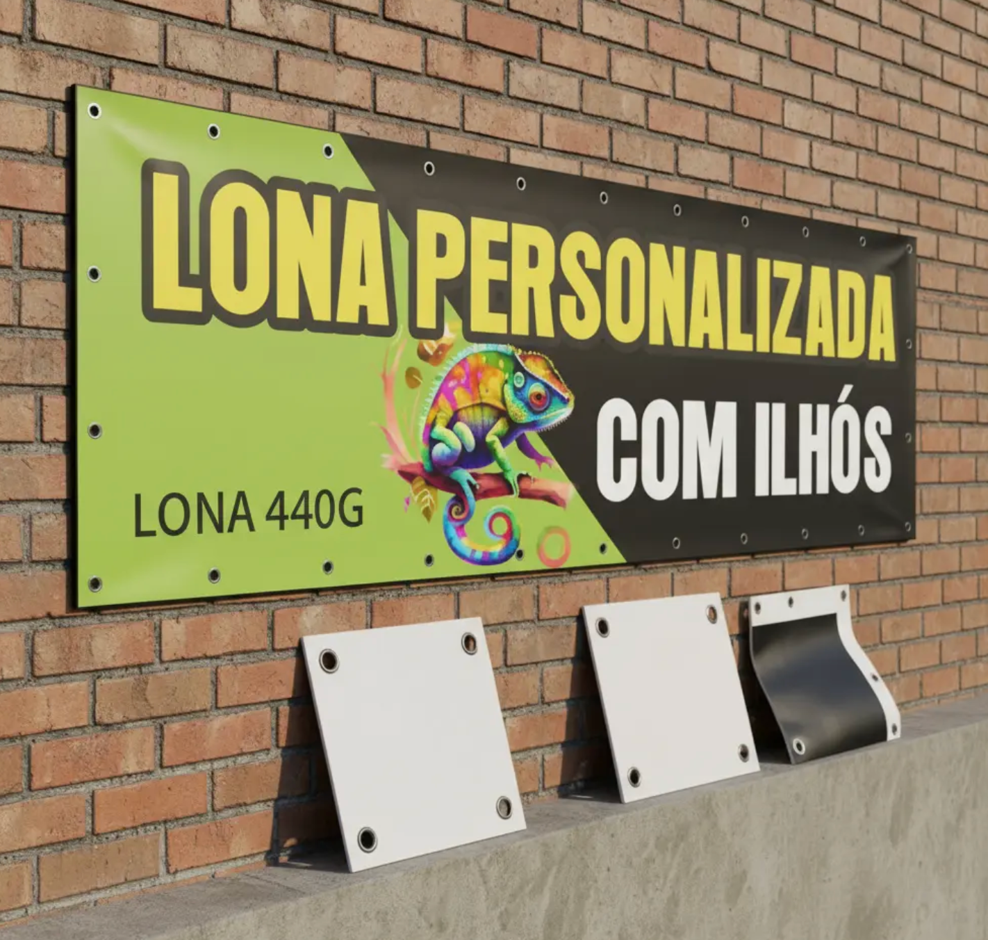 Lona personalizada com ilhós instalada em fachada
